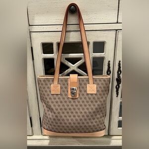 Vintage Dooney & Bourke Signature Logo Canvas Shopper With Leather Trim  EUC